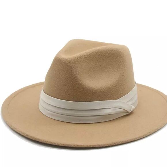 Tan Stiff Brim Tall Dented Crown Fedora Hat Wide Band Metro Hat - Picture 1 of 3